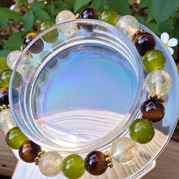 Handmade ✦ Tiger’s Eye Smoky Quartz Green Agate Bracelet ✦ 8mm Gemstone Beads - Picture 5 of 6